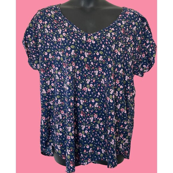 Floral V-Neck Short Sleeve Blouse By New Glory 2X Navy Pink Green Lightweight & - Picture 1 of 6